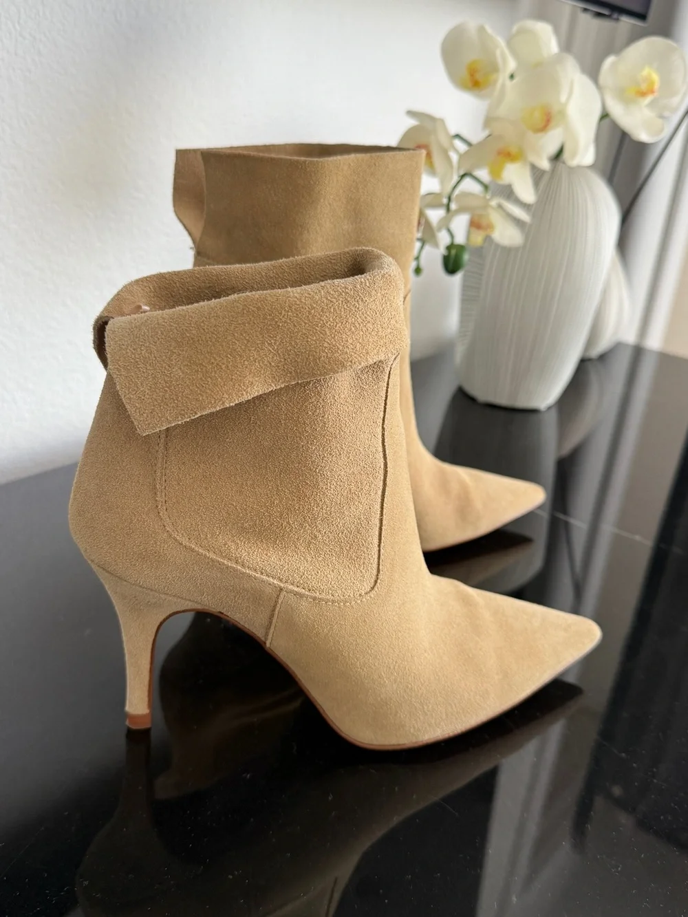 Zara Beige Suede Pointed-Toe Ankle Booties